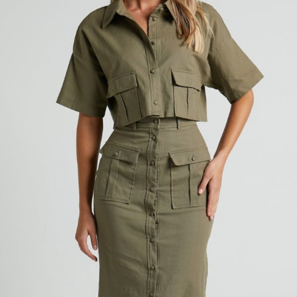 NWT Women's Khaki Showpo Davina Two Pc Button Front Set Sz 12 MSRP $ 110